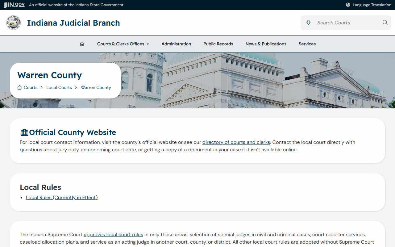 Warren County court records local court page from Indiana Judicial Branch