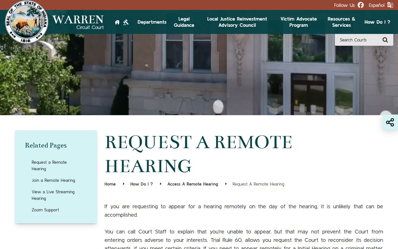 Warren County court dockets remote hearing request instructions