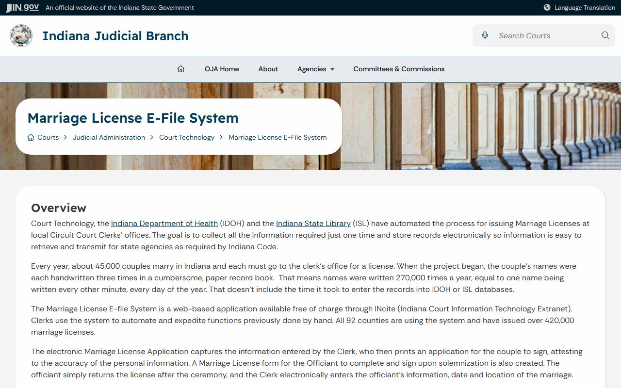 Warren County marriage records Indiana marriage license e-file system