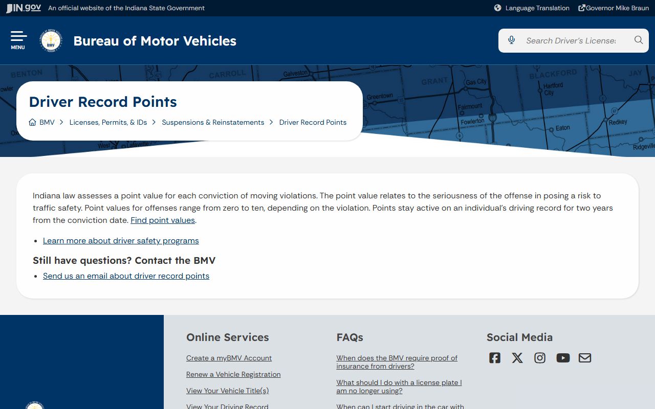 Warren County traffic court records Indiana BMV driver record points